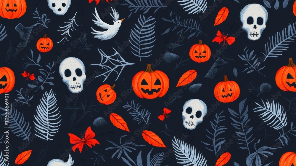 A vibrant Halloween-themed pattern featuring pumpkins, skulls, leaves, and butterflies on a dark background, perfect for festive designs. A vibrant Halloween-themed pattern featuring pumpkins, skulls, leaves, and butterflies on a dark background, perfect for festive designs.