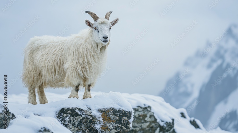 Fototapeta premium Close Up of a Goat on a Snowy Mountain Peak An Ultra High Definition Image Highlighting the Goat s Intricate Details Against the Pristine White Snow