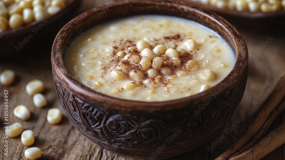 Creamy hominy served in a rustic bowl with milk garnished with ground cinnamon and whole white corn kernels Creamy hominy served in a rustic bowl with milk garnished with ground cinnamon and whole white corn kernels