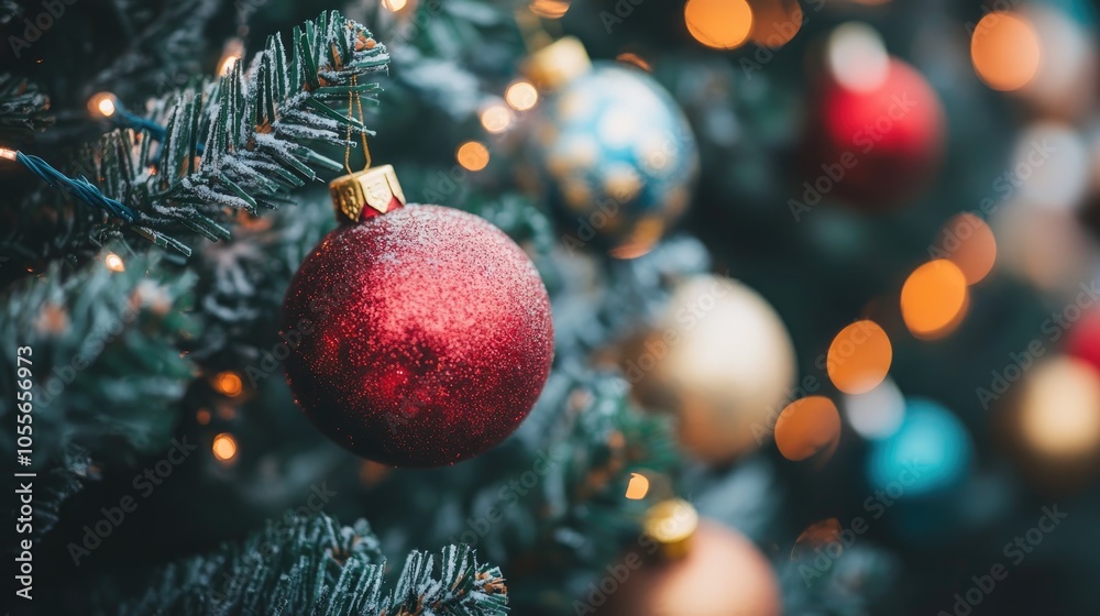 Close up macro shot of a decorated Christmas tree featuring festive ornaments Close up macro shot of a decorated Christmas tree featuring festive ornaments