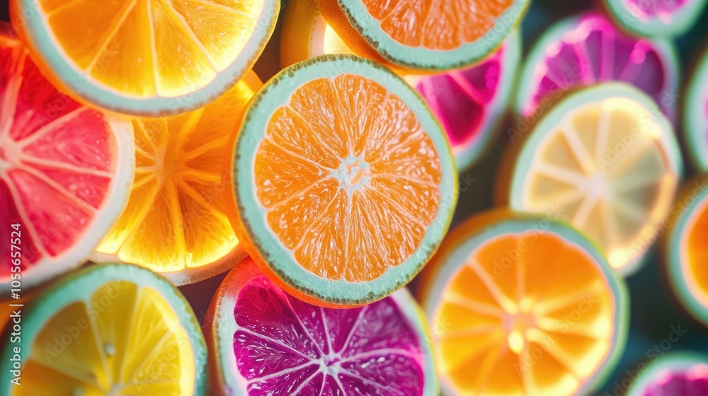 A vibrant display of glowing neon citrus slices against a backdrop showcasing a neo kitsch style A vibrant display of glowing neon citrus slices against a backdrop showcasing a neo kitsch style