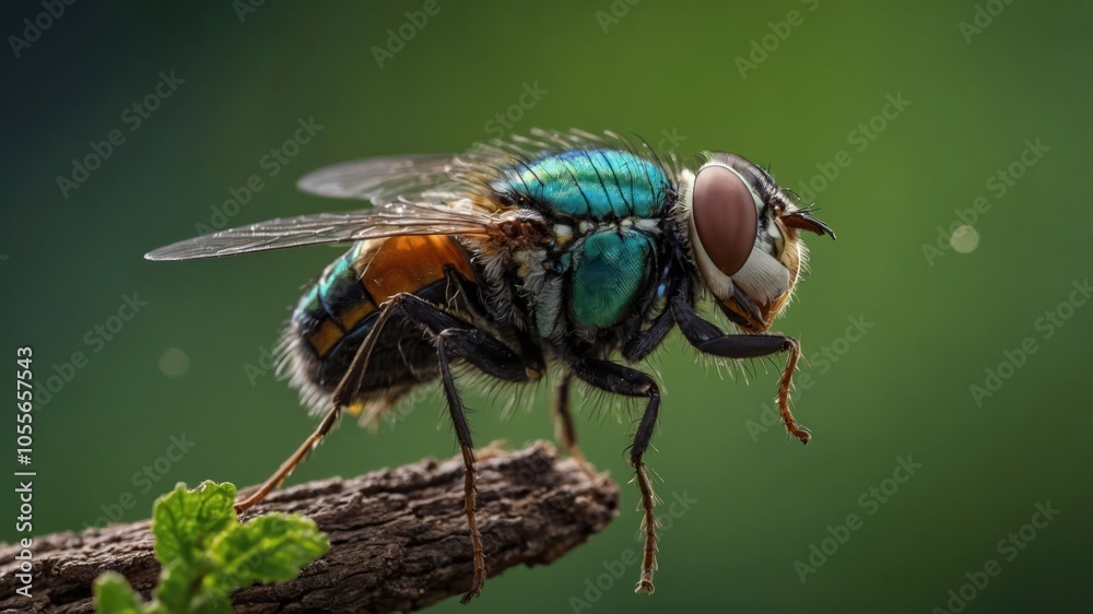 A close-up of a colorful fly perched on a branch with a blurred green background. A close-up of a colorful fly perched on a branch with a blurred green background.