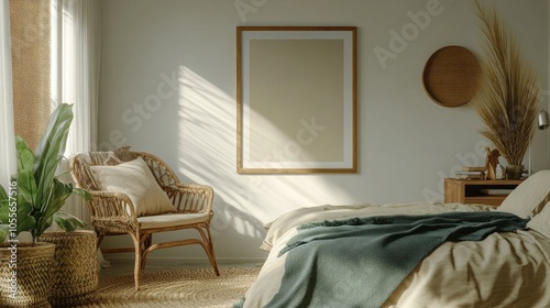 Cozy bedroom with mock-up poster frame, beige bedding, plants, armchair, straw carpet, pillows, wooden desk, green blanket, and personal accessories photo