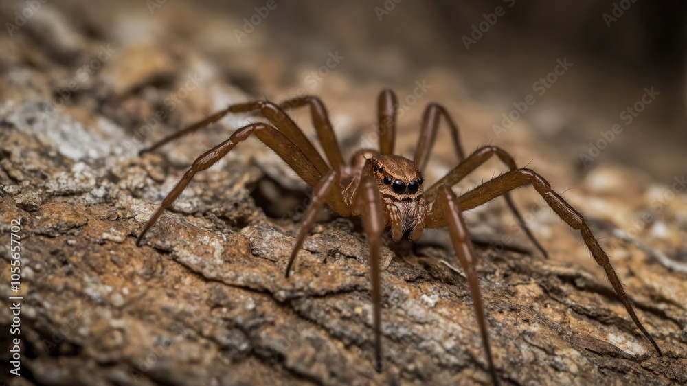 A close-up of a brown spider on textured bark, showcasing its details and environment. A close-up of a brown spider on textured bark, showcasing its details and environment.