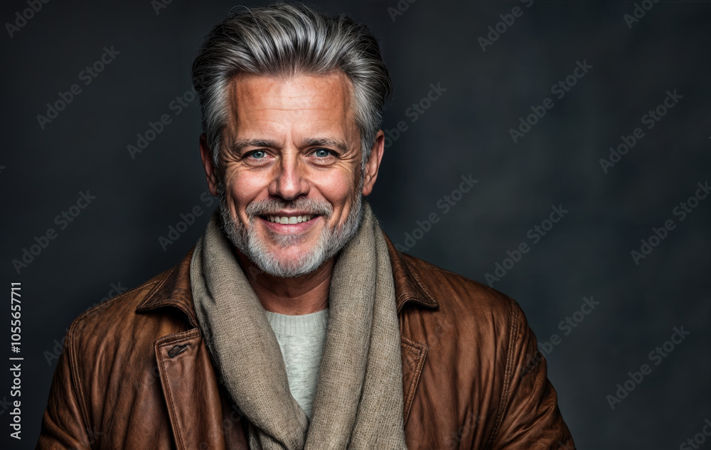 a man with gray hair, wearing a brown jacket and a scarf, smiling and looking at the camera. a man with gray hair, wearing a brown jacket and a scarf, smiling and looking at the camera.