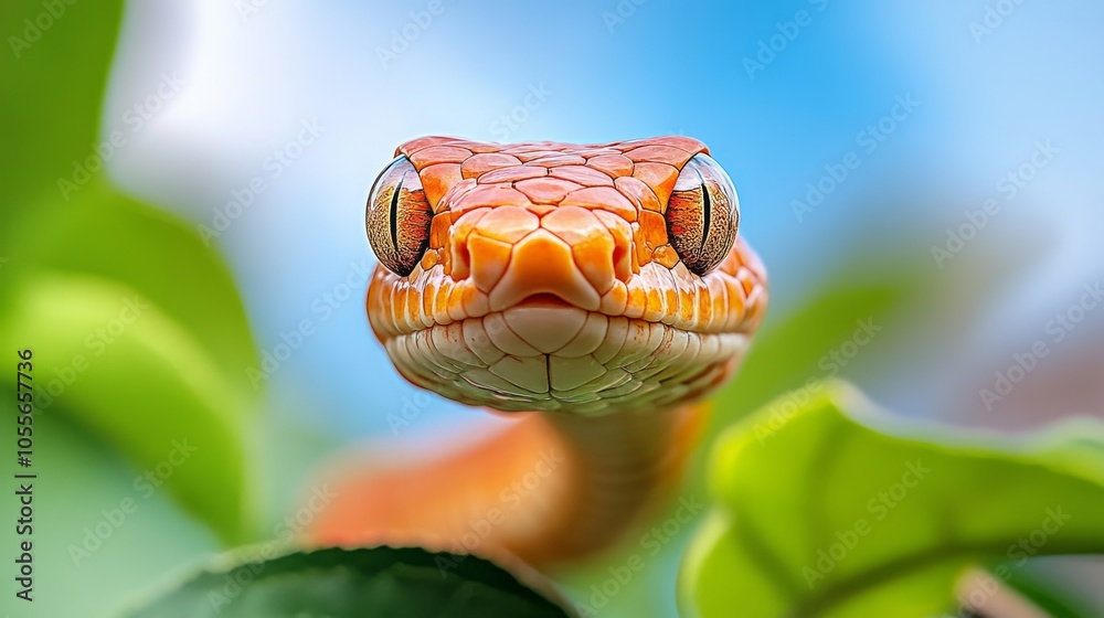 Obraz premium Red corn snake on branch, closeup snake