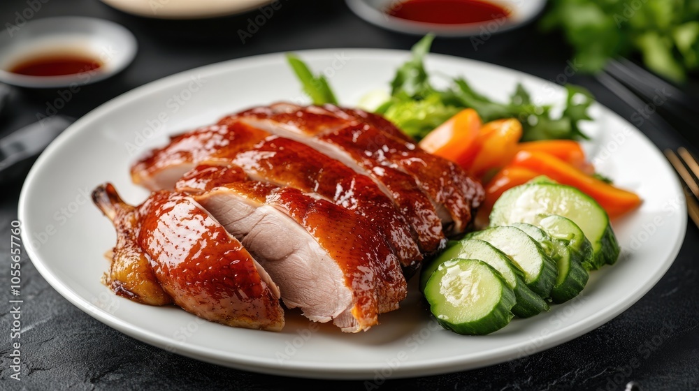 Tender Peking duck served on a white plate accompanied by fresh vegetables Tender Peking duck served on a white plate accompanied by fresh vegetables