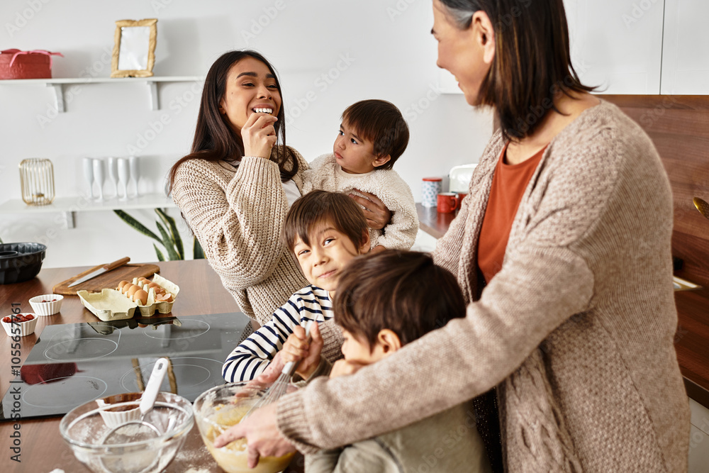 A cheerful family enjoys baking in their stylish kitchen, creating holiday treats with happy children. A cheerful family enjoys baking in their stylish kitchen, creating holiday treats with happy children.