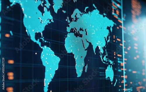 High-tech digital world map with glowing cyan lines and data points, ideal for illustrating global connectivity and technological advancements.