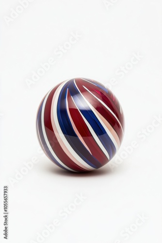 A vibrant sphere featuring alternating stripes of red, blue, and white, showcasing a modern design and artistic flair perfect for various projects.