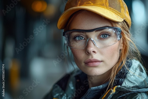 Confident female worker in safety gear with protective glasses and yellow cap