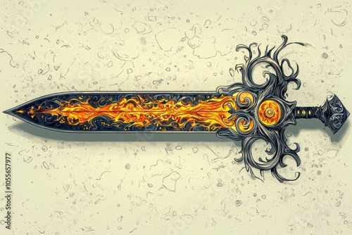 A detailed illustration of an artistic sword featuring intricate designs and vibrant flames, perfect for fantasy themes and storytelling. photo