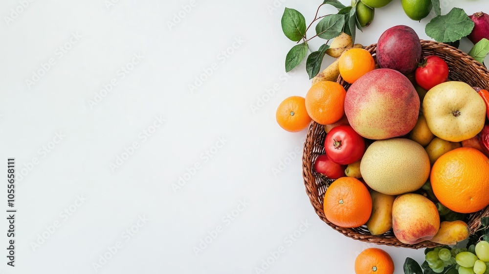 A variety of fruits and veggies in a shopping basket on a white background, with room for text A variety of fruits and veggies in a shopping basket on a white background, with room for text