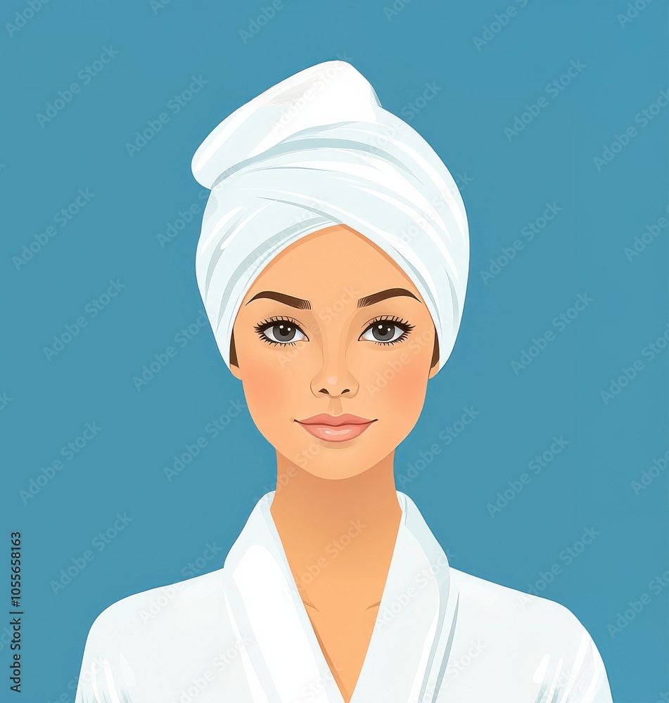 A serene portrait of a woman in a bathrobe with a towel on her head, exuding tranquility and beauty against a calming blue backdrop. A serene portrait of a woman in a bathrobe with a towel on her head, exuding tranquility and beauty against a calming blue backdrop.