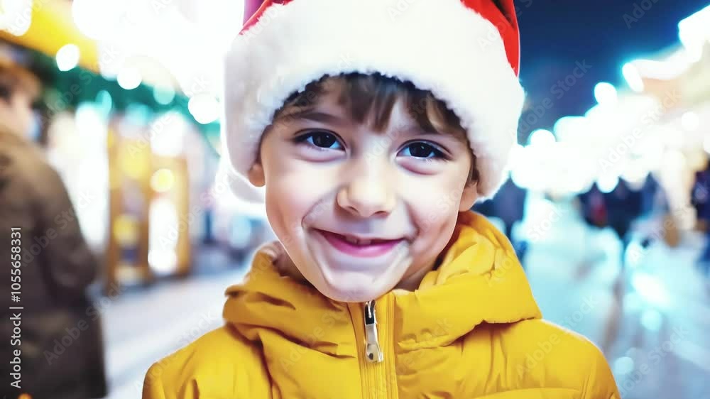 Smiling child in Santa hat and yellow jacket in festive city, illuminated by festive lights