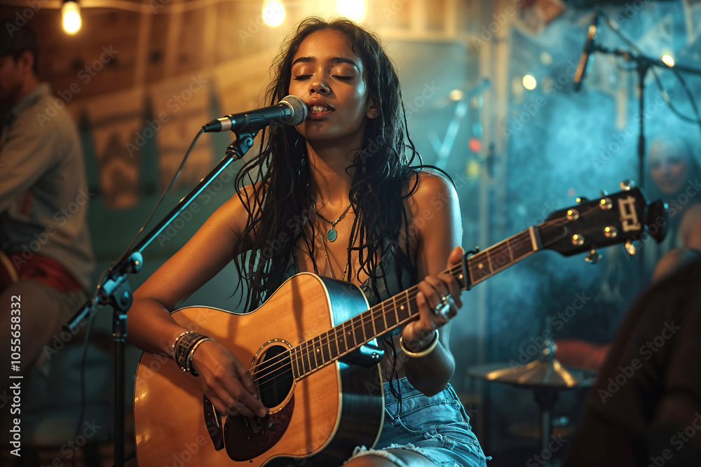 Obraz premium Woman Singing and Playing Acoustic Guitar on Stage. Generative AI