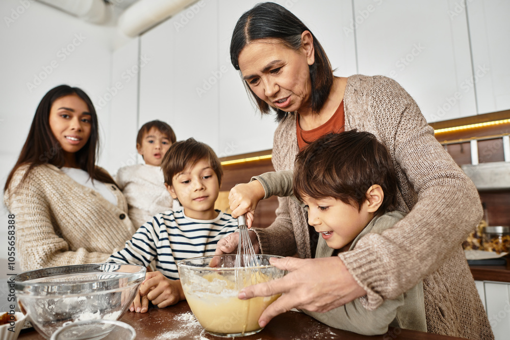 A cheerful family gathers in their stylish kitchen, baking festive treats and enjoying precious holiday moments. A cheerful family gathers in their stylish kitchen, baking festive treats and enjoying precious holiday moments.