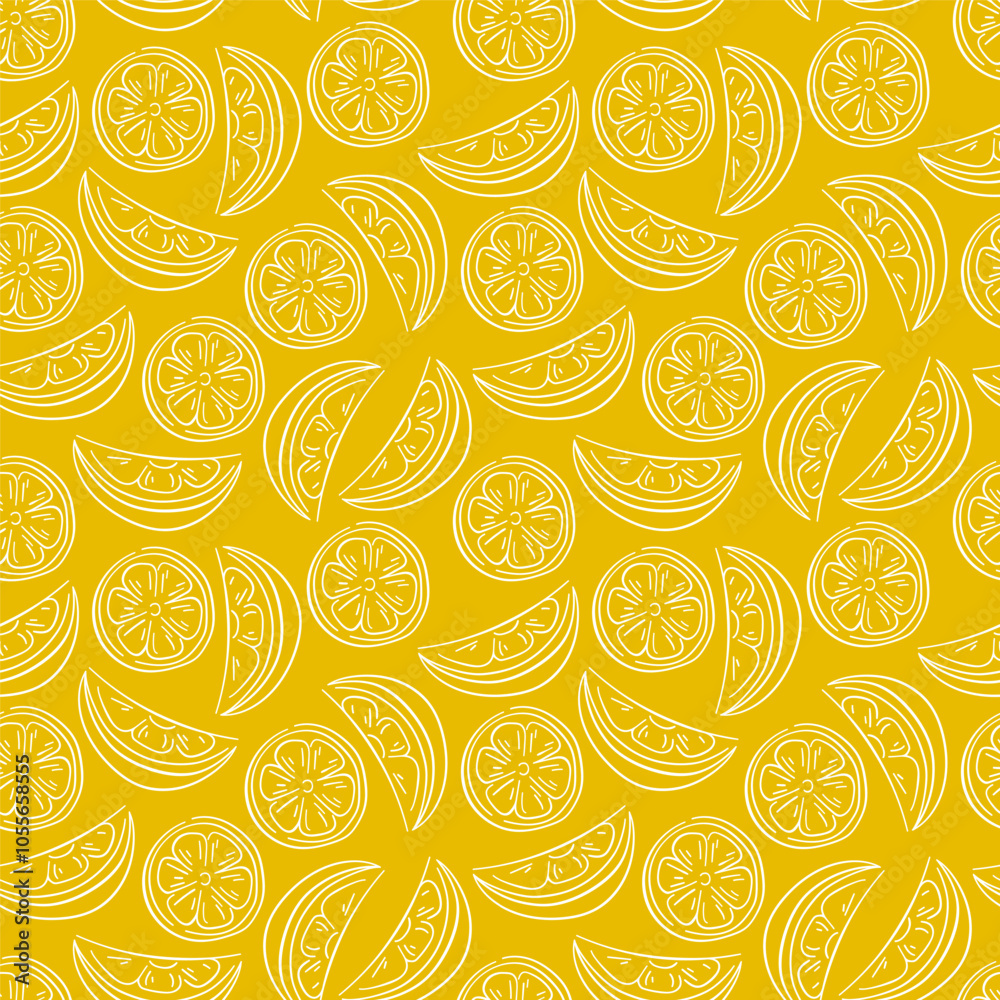 Seamless pattern with lemon in line art style on yellow background. Perfect for fabric, menu design, print, wallpaper. Slices of a lemon. Seamless pattern with lemon in line art style on yellow background. Perfect for fabric, menu design, print, wallpaper. Slices of a lemon.