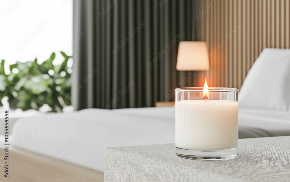 A cozy bedroom setting featuring a lit candle on a bedside table, creating a warm and inviting ambiance for relaxation and tranquility. A cozy bedroom setting featuring a lit candle on a bedside table, creating a warm and inviting ambiance for relaxation and tranquility.
