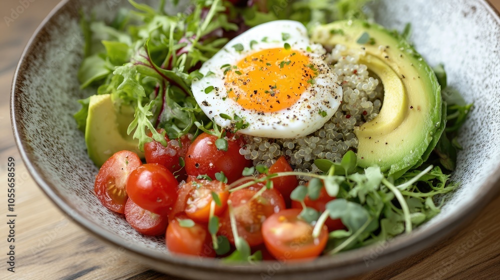 Vibrant salad featuring quinoa cherry tomatoes mixed greens avocado egg and microgreens on a wooden surface Promotes health and clean eating Ideal for a wholesome lifestyle Vibrant salad featuring quinoa cherry tomatoes mixed greens avocado egg and microgreens on a wooden surface Promotes health and clean eating Ideal for a wholesome lifestyle