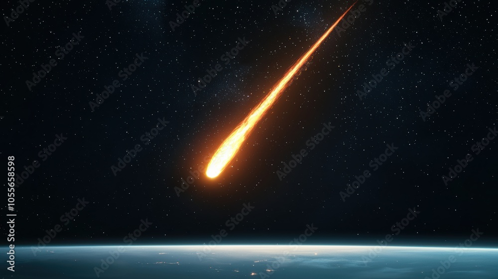 A stunning view of a meteor streaking through the dark night sky, illuminating the outer space with vibrant colors against the backdrop of Earth. A stunning view of a meteor streaking through the dark night sky, illuminating the outer space with vibrant colors against the backdrop of Earth.
