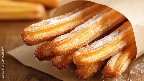 Freshly made traditional churros dusted with powdered sugar presented in a paper bag Close up of hot crispy sticks