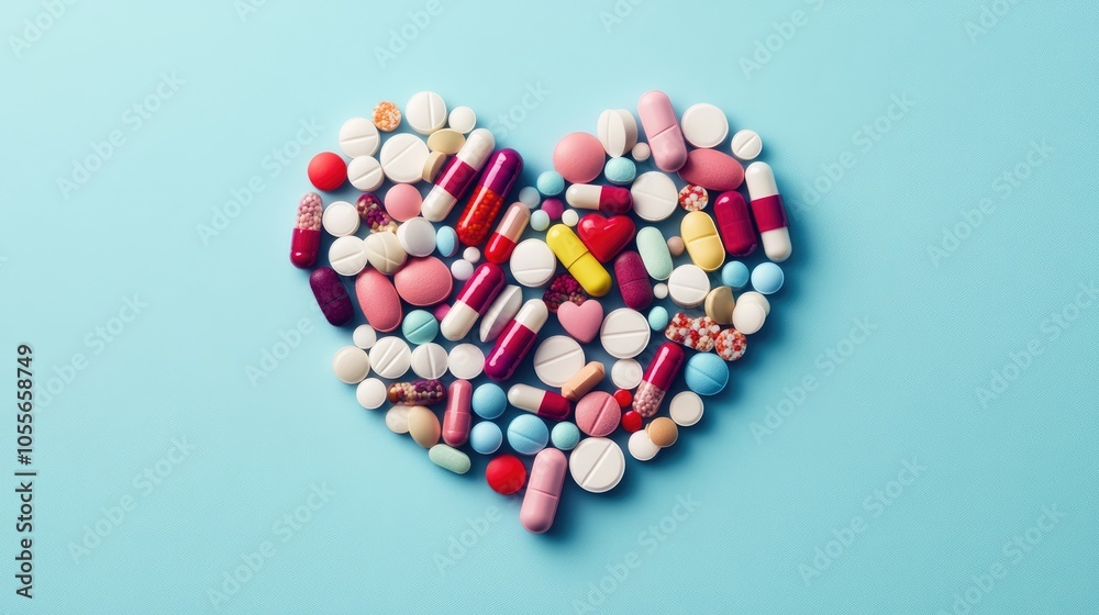 Heart shaped arrangement of various pills on a blue background Heart shaped arrangement of various pills on a blue background
