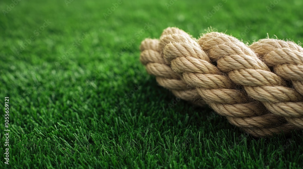 Fototapeta premium Close up of twisted rope resting on green grass highlighting texture and durability