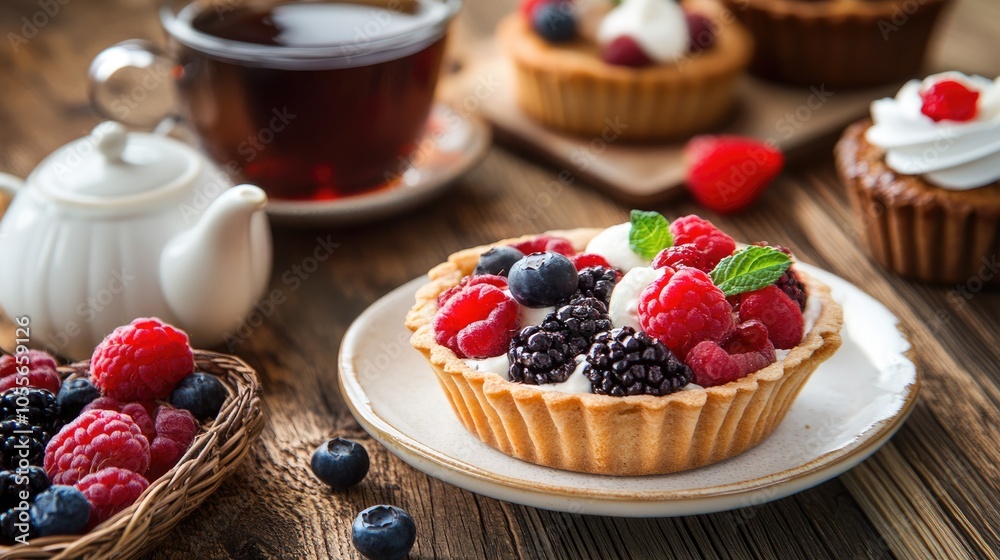 Tartlets and basket cakes paired with tea on a wooden table