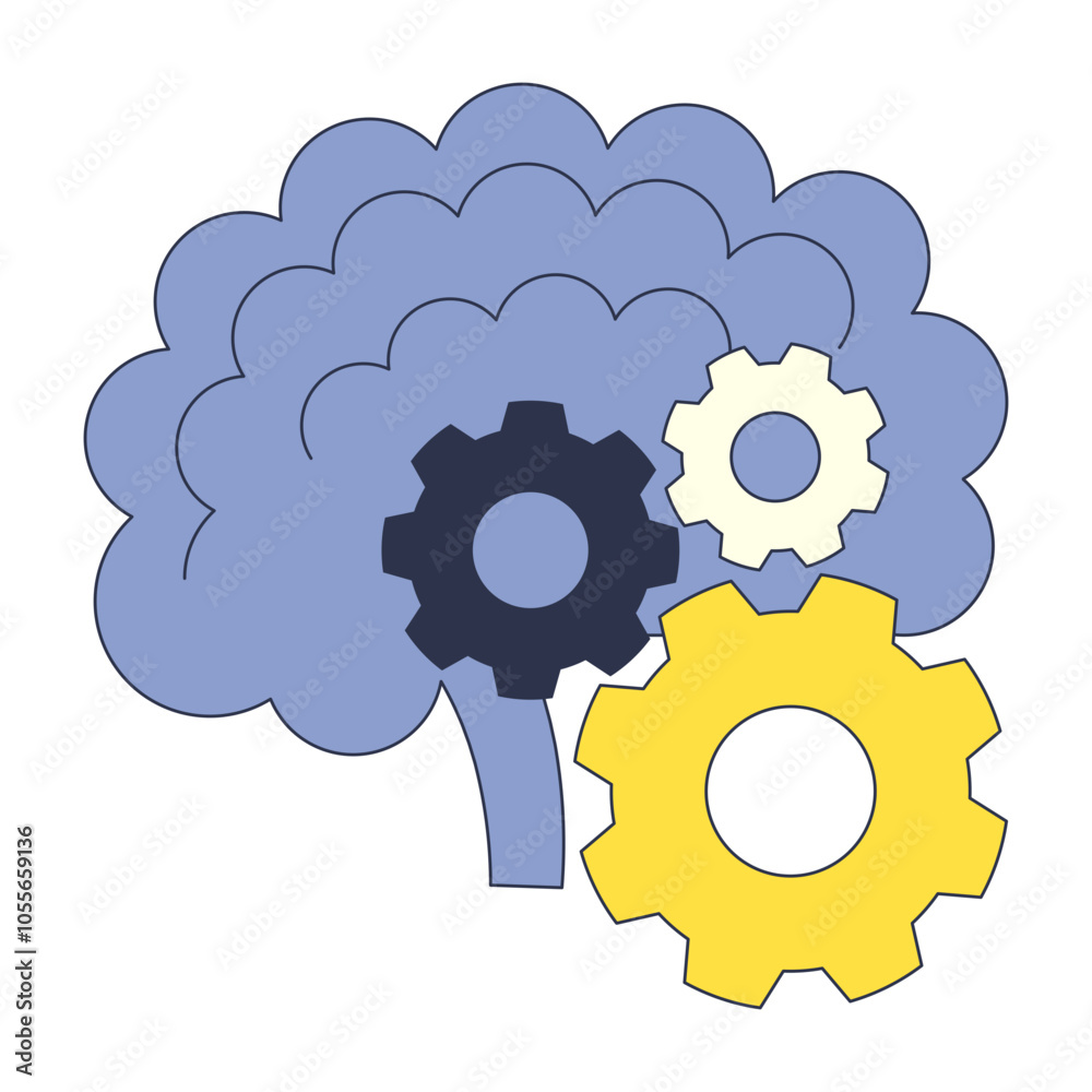 Illustration of a brain with gears symbolizing cognitive processes and problem-solving.