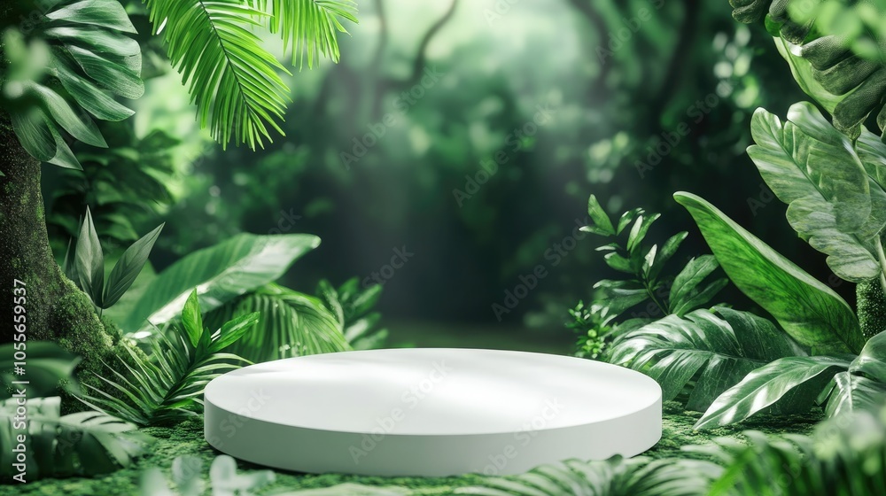 White round podium mockup for presenting natural organic cosmetic products set against a fresh leaves and eco friendly forest backdrop White round podium mockup for presenting natural organic cosmetic products set against a fresh leaves and eco friendly forest backdrop