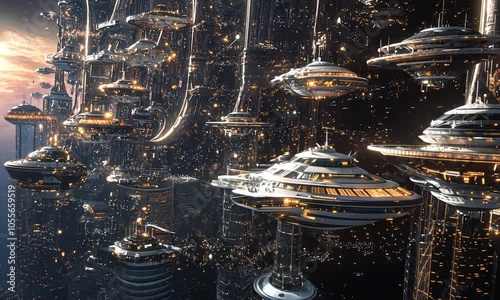 Futuristic cityscape with hoovering aircrafts for science fiction or fantasy animated backgrounds
