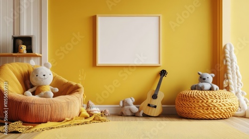 Cozy kida??s room with mock-up poster frame, yellow wall, braided armchair, plush toys, guitar, pouf, and accessories photo