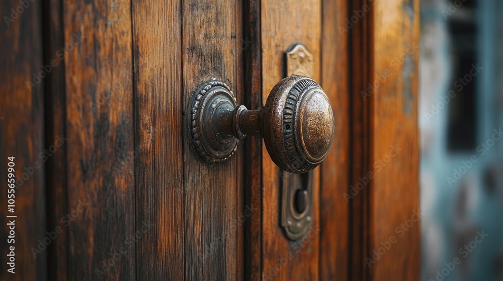 Antique wooden entrance door featuring an old door handle with selective focus Antique wooden entrance door featuring an old door handle with selective focus