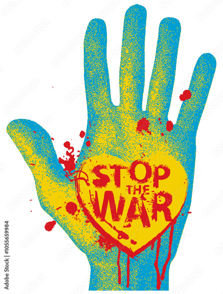 Vector human palm hand with sign of heart made of drops and splashes blood with yellow blue flag and word of stop the war. Sign of love and peace Vector human palm hand with sign of heart made of drops and splashes blood with yellow blue flag and word of stop the war. Sign of love and peace
