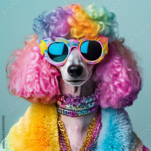 lovely poodles wearing sunglasses with vibrant colored frames and colorful hair,