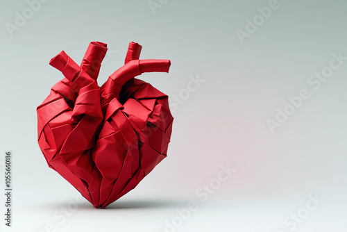 A detailed origami creation resembling an anatomical heart, crafted from red paper and isolated on a simple background, medical concept to symbolize the fragile nature of life and health.