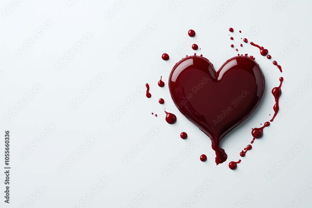 A heart shape crafted with blood, encircled by smaller droplets on a light background, representing themes of love, vulnerability, and life within a minimalist and evocative design.