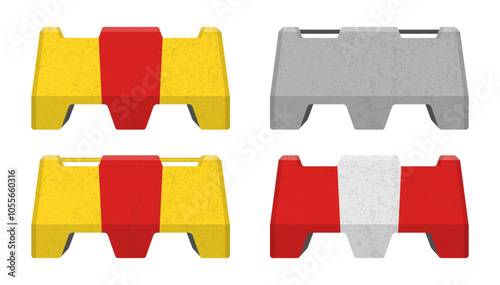 Realistic concrete road barrier icon symbol set. Traffic concrete barricades sign collection. Vector illustration image. Isolated on white background.