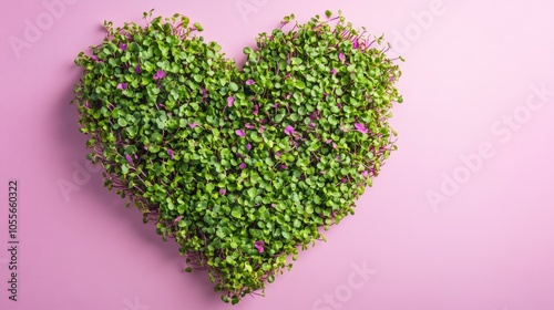 Heart shaped display of microgreens on a soft background embodying themes of love wellness and nature with vibrant fresh greens