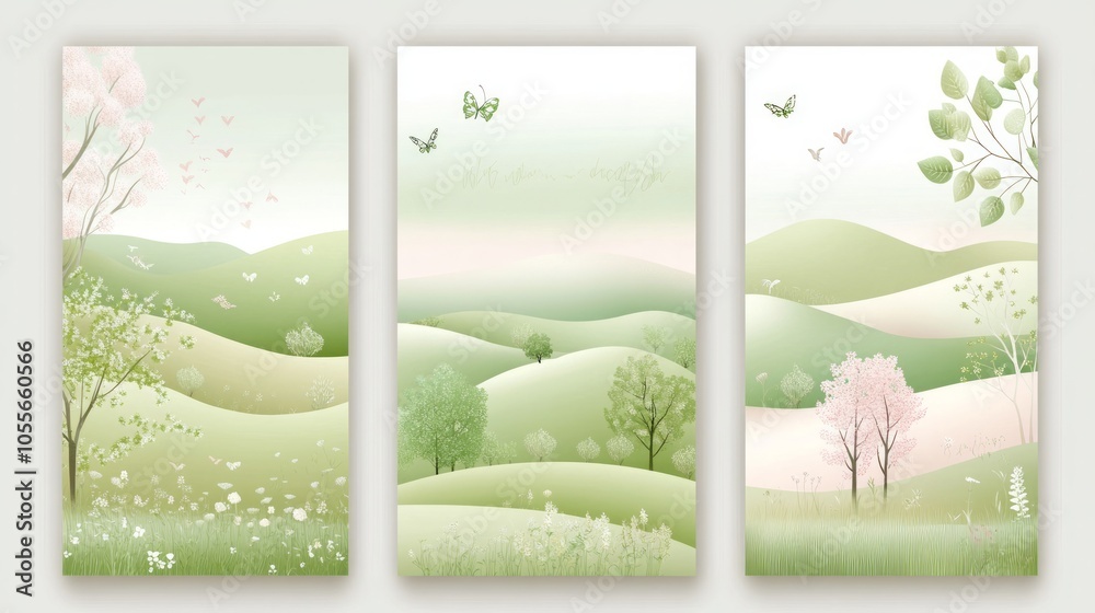 Fototapeta premium Tranquil landscape triptych with soft greens and blooming trees.