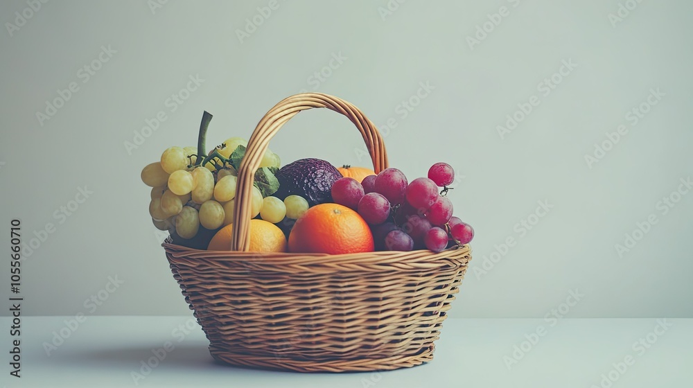 Basket filled with fresh produce on a plain background, with ample space for healthy food text