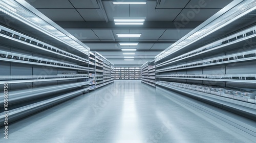 Empty shelves in a bright supermarket area