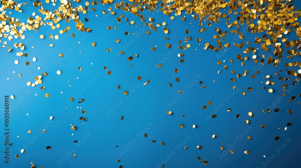 Yellow gold metallic confetti scattered on a classic blue backdrop