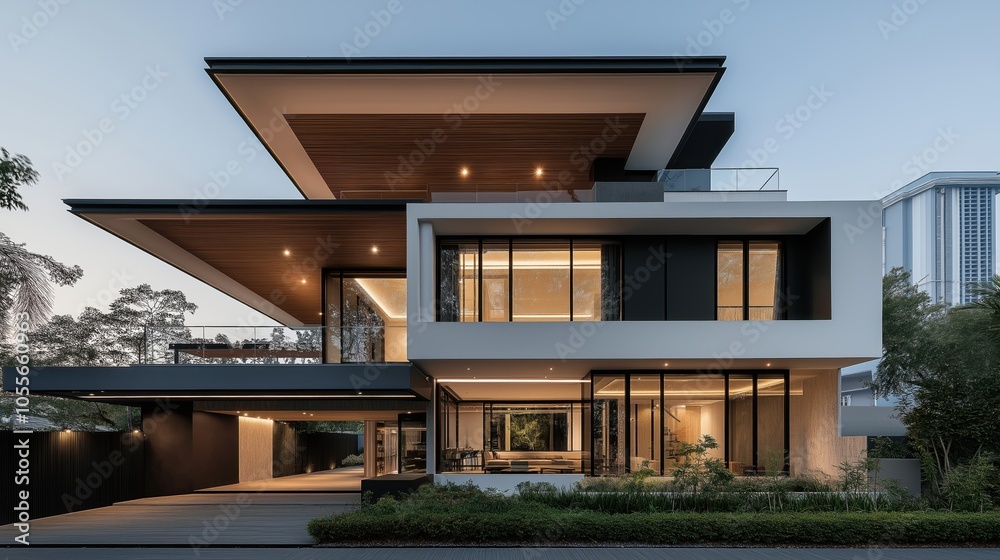Modern luxury house with large glass windows and geometric design in evening light Modern luxury house with large glass windows and geometric design in evening light