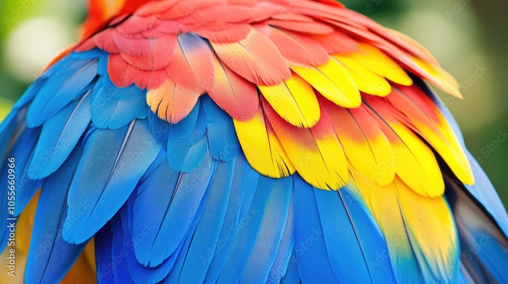 Obraz premium Close up of vibrant blue yellow and red feathers from an exotic parrot species