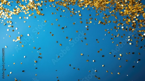 Yellow gold metallic confetti scattered on a classic blue backdrop