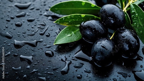 Black olives accompanied by leaves against a backdrop with water droplets Vegetable themed background