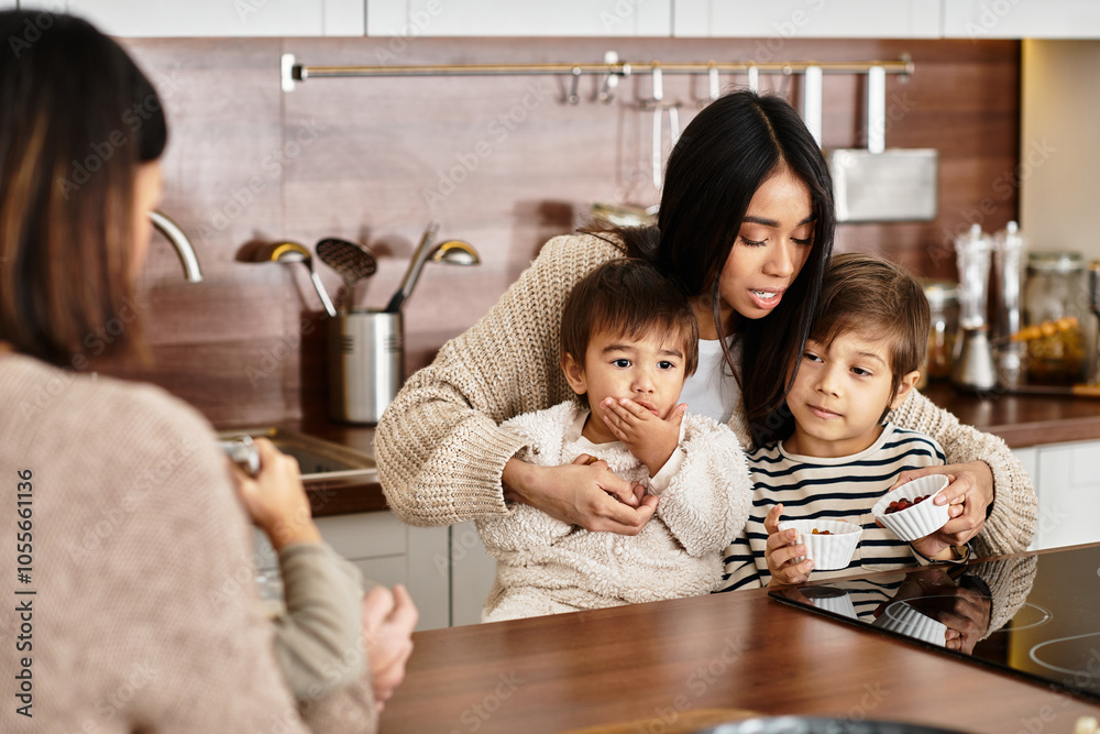 A cheerful family gathers in their modern kitchen, baking festive treats together as Christmas approaches. A cheerful family gathers in their modern kitchen, baking festive treats together as Christmas approaches.