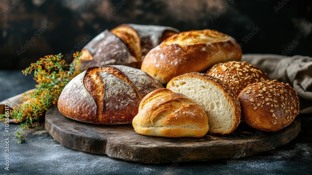 Rustic golden crusty loaves and buns of bread displayed on a dark background Rustic golden crusty loaves and buns of bread displayed on a dark background